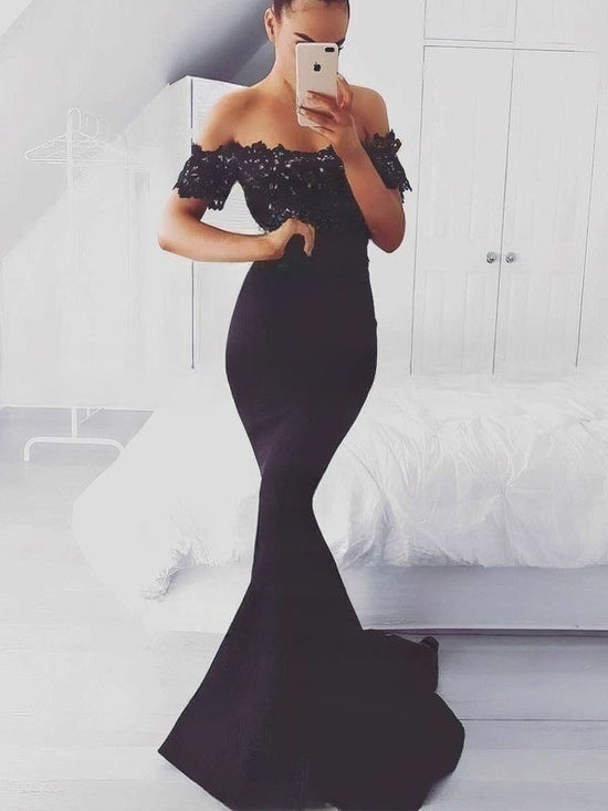 Mermaid Off-the-Shoulder Appliqued Lace Satin Sweep Train Prom Dress