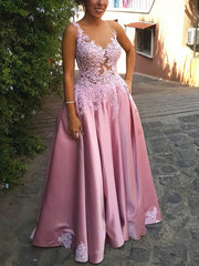 Princess V-neck Satin Sweep Train Appliques Lace Prom Dresses