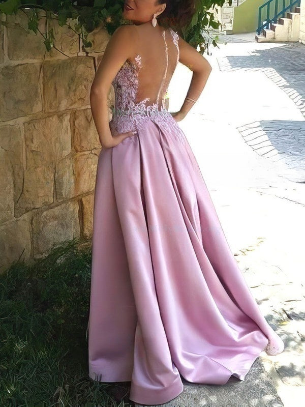 Princess V-neck Satin Sweep Train Appliques Lace Prom Dresses