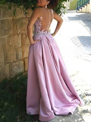 Princess V-neck Satin Sweep Train Appliques Lace Prom Dresses