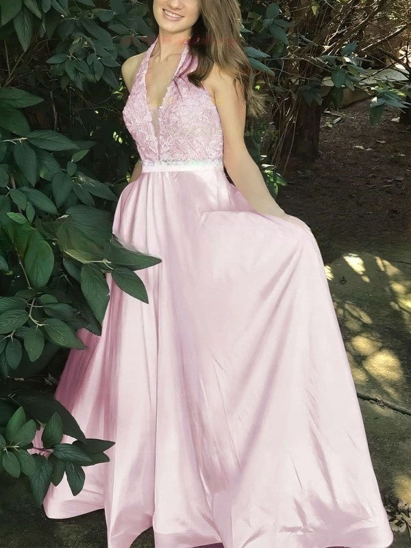 Glamorous Princess Halter Satin Sweep Train Appliques Lace Prom Dress
