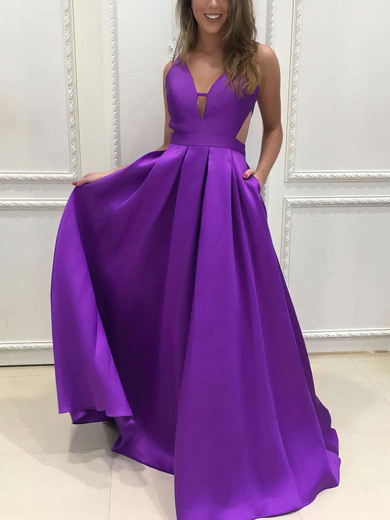 Princess V-neck Satin Prom Dress with Sweep Train and Pockets