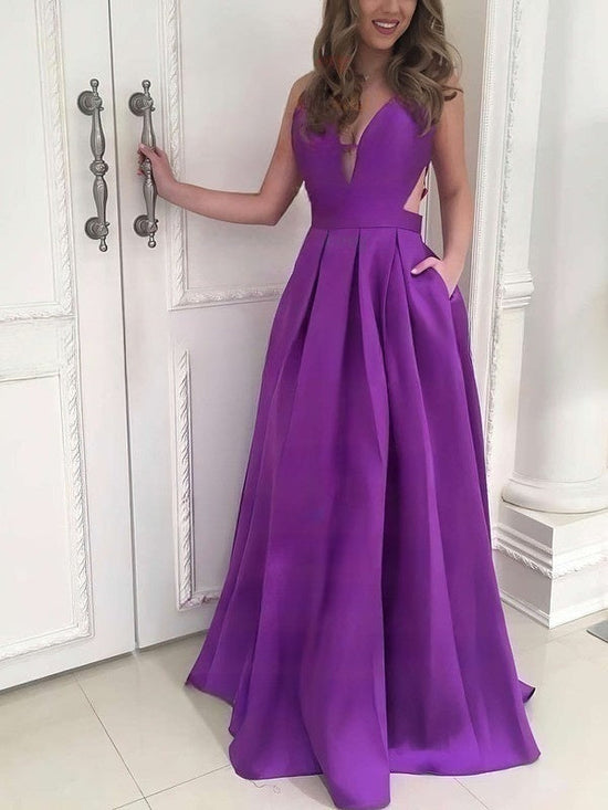 Princess V-neck Satin Prom Dress with Sweep Train and Pockets