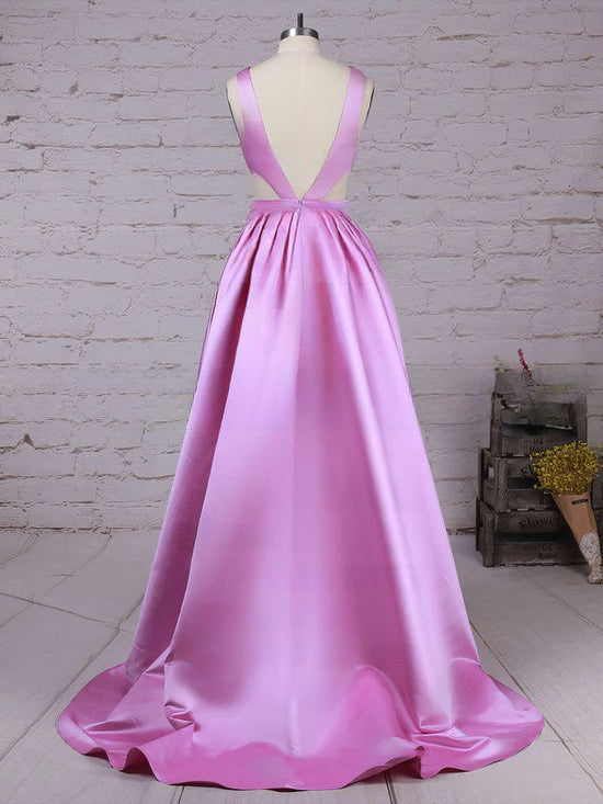 Princess V-neck Satin Prom Dress with Sweep Train and Pockets