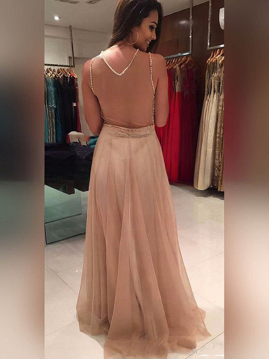 A-line Scoop Neck Tulle Floor-length Prom Dress with Beading