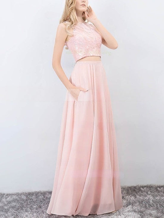 A-line Prom Dress with Lace Chiffon and Pockets