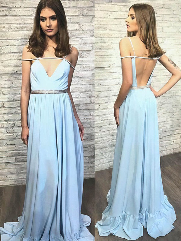 A-Line V-Neck Chiffon Prom Dress with Sashes and Ribbons Sweep Train