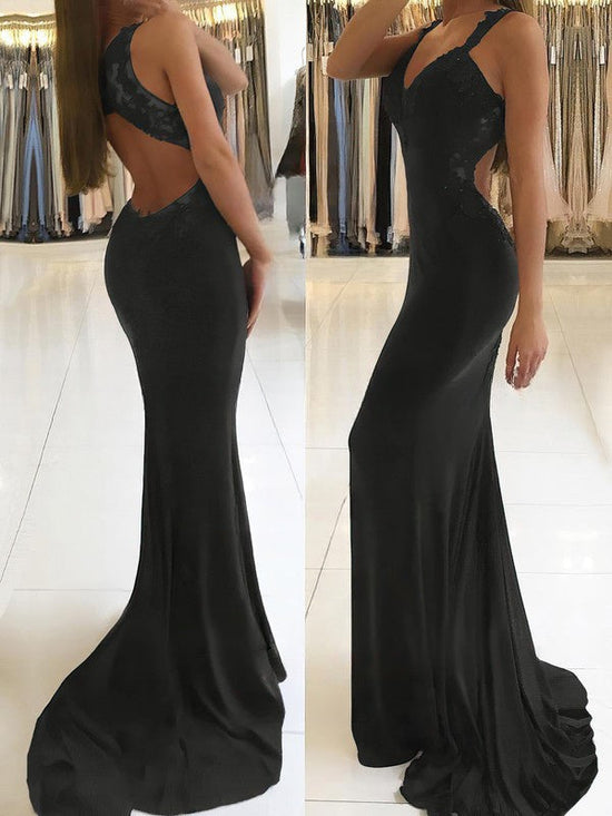 V-neck Jersey Appliques Lace Sheath Prom Dress with Column Sweep Train