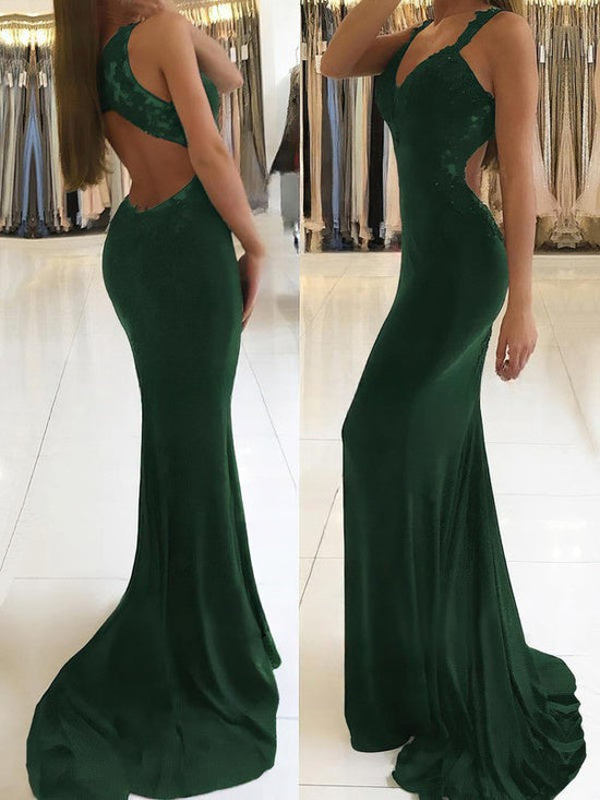 V-neck Jersey Appliques Lace Sheath Prom Dress with Column Sweep Train