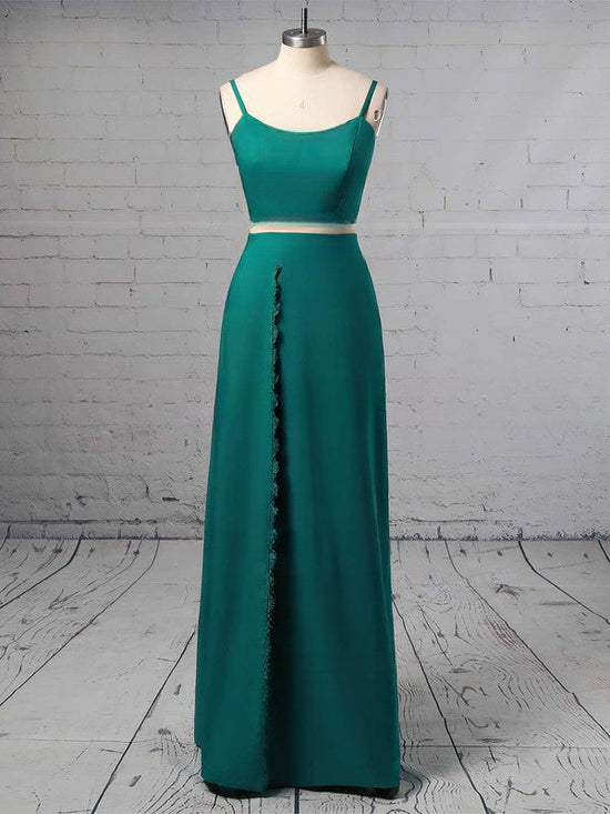 A-line V-neck Split Front Prom Dresses in Silk-like Satin