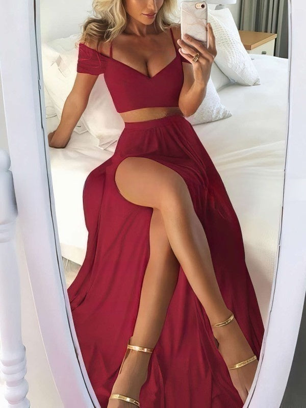 A-line Off-the-shoulder Split Front Satin Prom Dress for Special Occasions