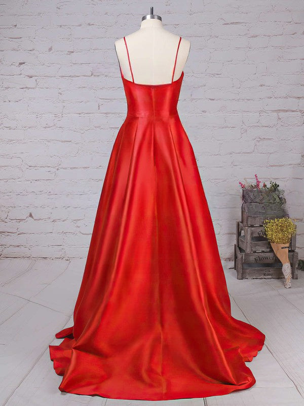 V-Neck Satin Pockets Prom Dress with Princess Sweep Train