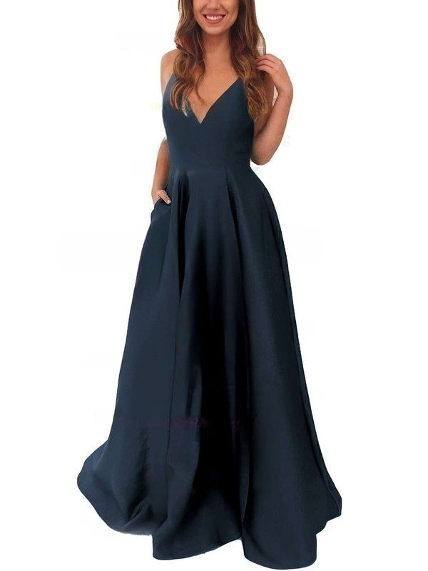 V-Neck Satin Pockets Prom Dress with Princess Sweep Train