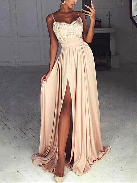 A-line V-neck Satin Prom Dress with Lace Appliques and Sweep Train