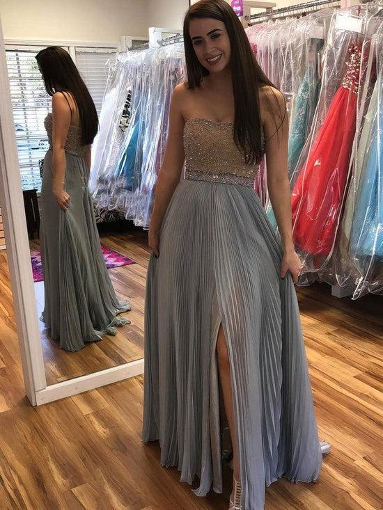 A-line Strapless Chiffon Floor-length Beading Prom Dresses