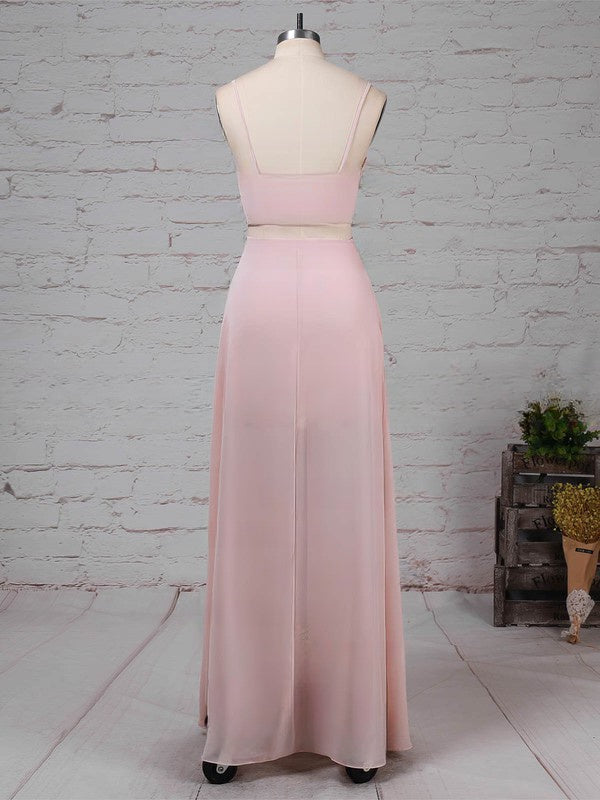 V-neck Chiffon Prom Dresses with Sheath/Column and Split Front for Floor-length