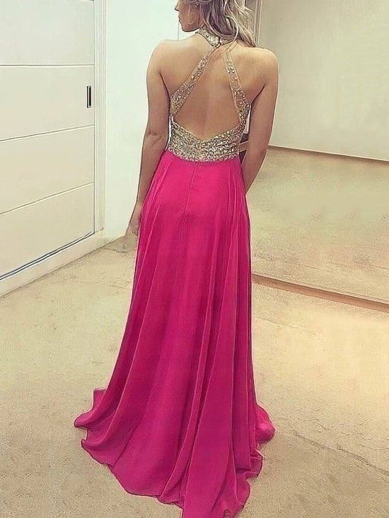 A-line Scoop Neck Prom Dress with Beading and Floor-length Chiffon