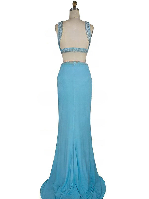 Stylish Beading Prom Dresses with Sheath/Column Scoop Neck Jersey Sweep Train