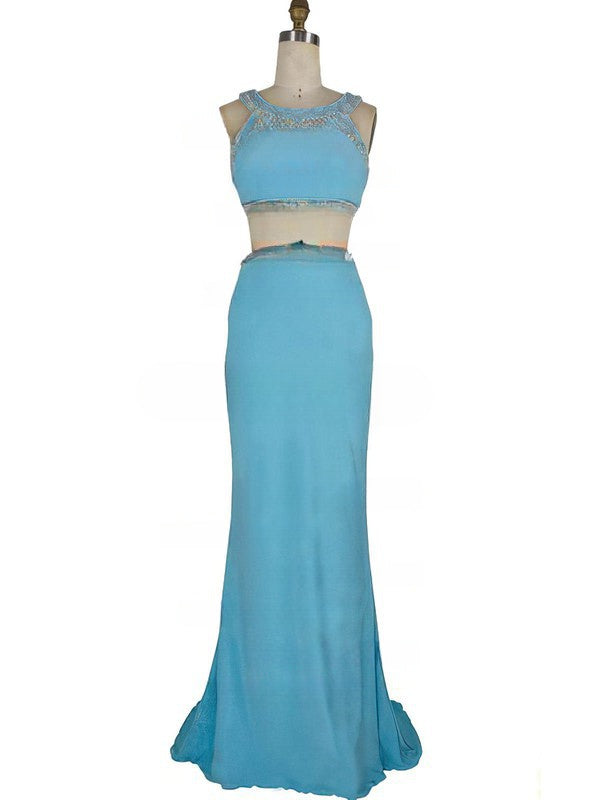 Stylish Beading Prom Dresses with Sheath/Column Scoop Neck Jersey Sweep Train