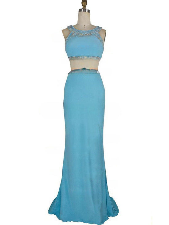 Stylish Beading Prom Dresses with Sheath/Column Scoop Neck Jersey Sweep Train