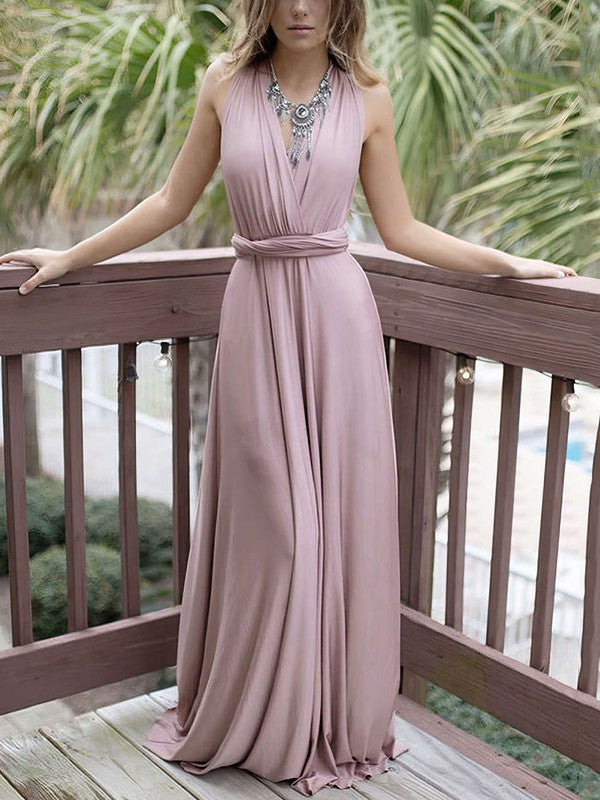 A-line V-neck Silk-like Satin Prom Dresses with Sweep Train & Sashes / Ribbons