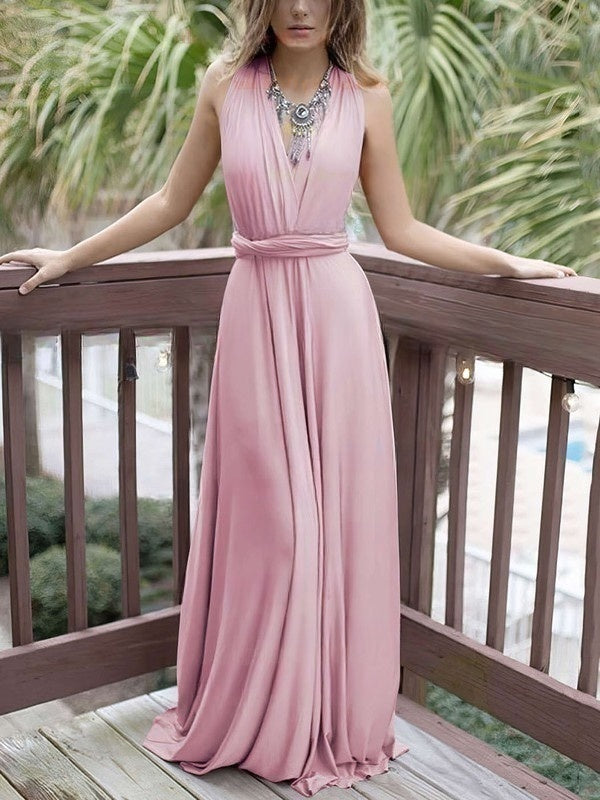 A-line V-neck Silk-like Satin Prom Dresses with Sweep Train & Sashes / Ribbons