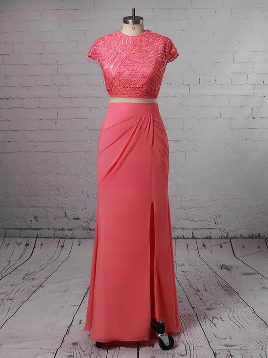 Sheath/Column Scoop Neck Lace Jersey Floor-length Split Front Prom Dress