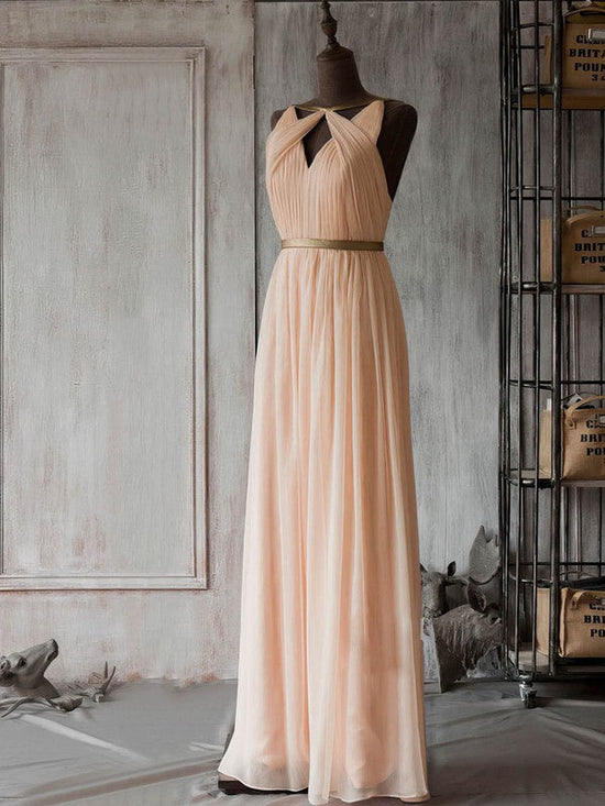 A-line V-neck Chiffon Floor-length Prom Dresses with Sashes and Ribbons