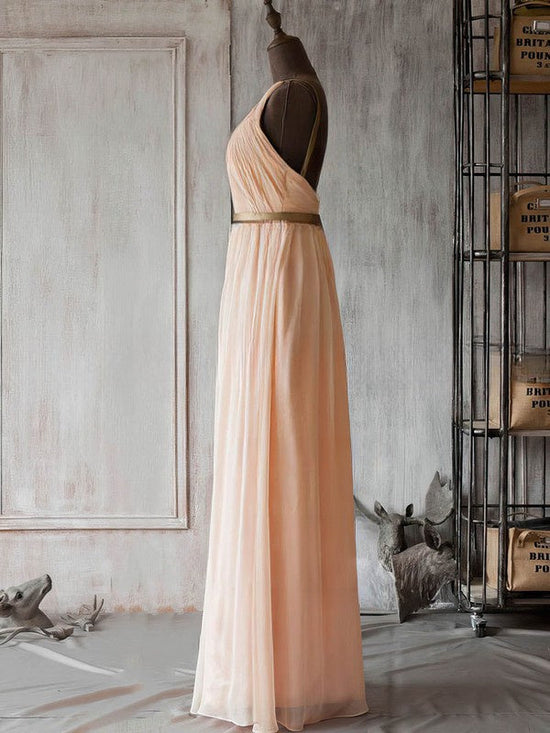 A-line V-neck Chiffon Floor-length Prom Dresses with Sashes and Ribbons