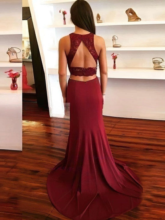 Sheath/Column Appliques Lace Prom Dresses with Scoop Neck Jersey Sweep Train