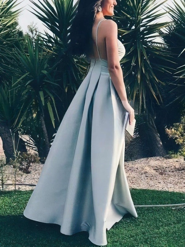 A-line V-neck Satin Floor-length Prom Dresses