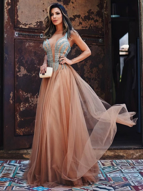 Gorgeous V-neck Beaded Tulle Floor-length Prom Dress