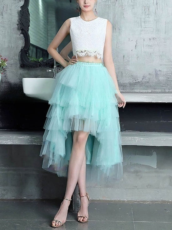 A-line Scoop Neck Lace Tulle Asymmetrical Tiered Prom Dresses