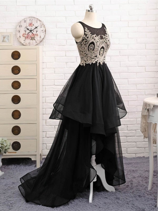 A-line Scoop Neck Organza Tulle Asymmetrical Beading Prom Dress