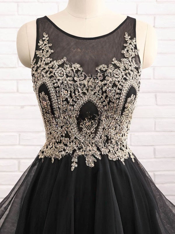 A-line Scoop Neck Organza Tulle Asymmetrical Beading Prom Dress