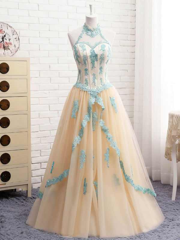 High Neck Tulle Ball Gown with Beading for Floor-length Prom Dresses