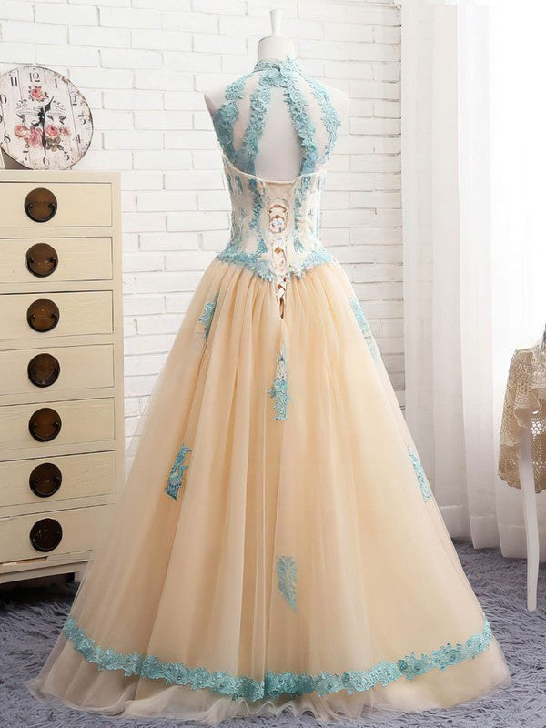 High Neck Tulle Ball Gown with Beading for Floor-length Prom Dresses