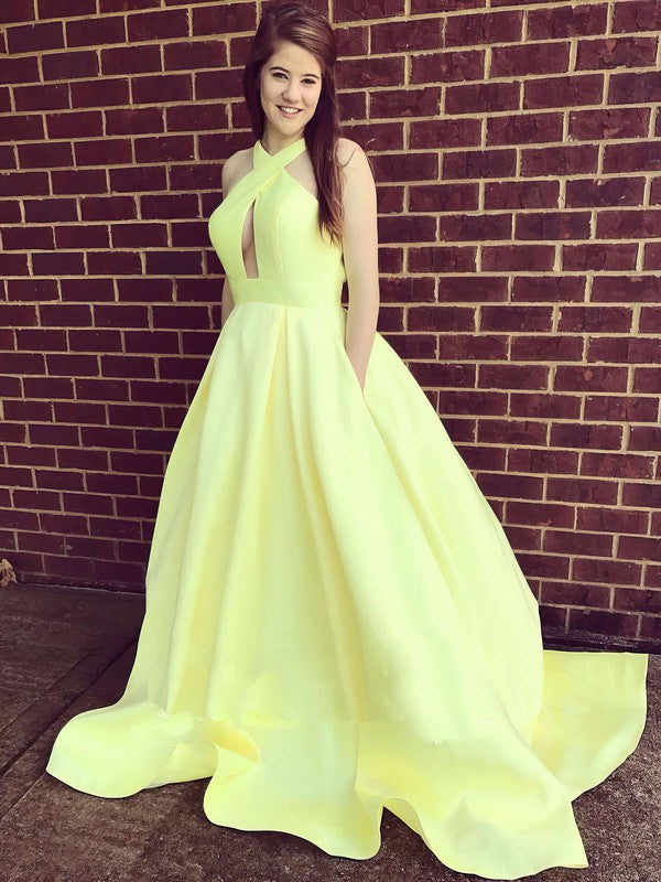 V-neck Satin Ball Gown with Pockets and Sweep Train for Prom