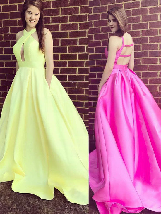 V-neck Satin Ball Gown with Pockets and Sweep Train for Prom