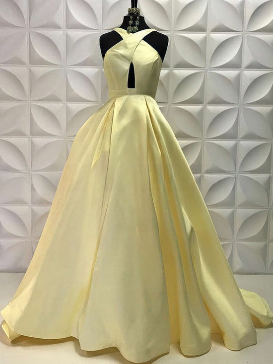 V-neck Satin Ball Gown with Pockets and Sweep Train for Prom