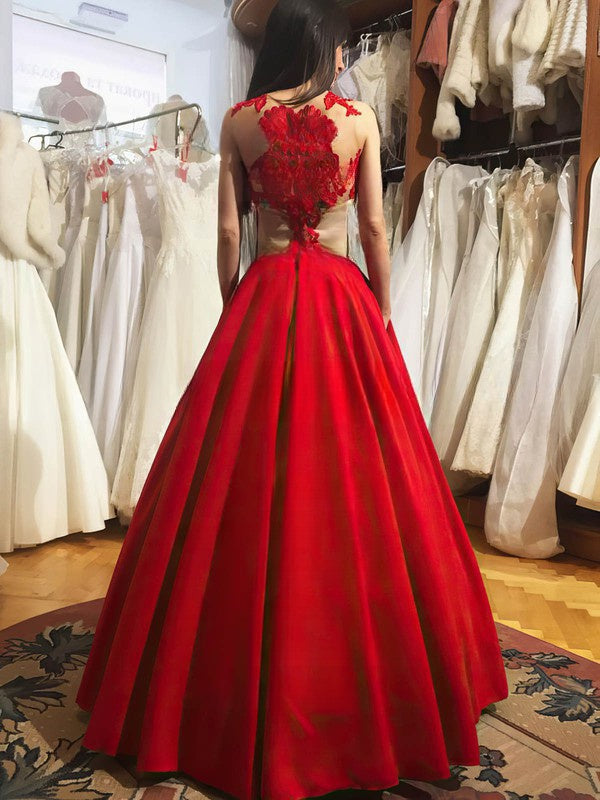 Scoop Neck Satin Prom Dress with Appliques and Lace - Ball Gown Floor-length