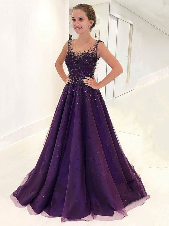 Glamorous Scoop Neck Tulle Ball Gown Prom Dresses with Beading