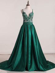 V-neck Satin Sweep Train Beading Prom Dress in Ball Gown Style