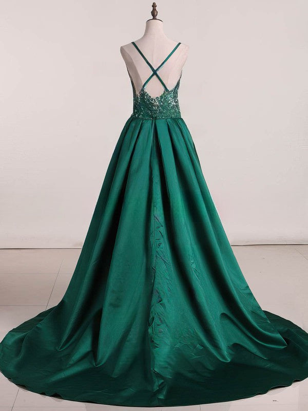 V-neck Satin Sweep Train Beading Prom Dress in Ball Gown Style