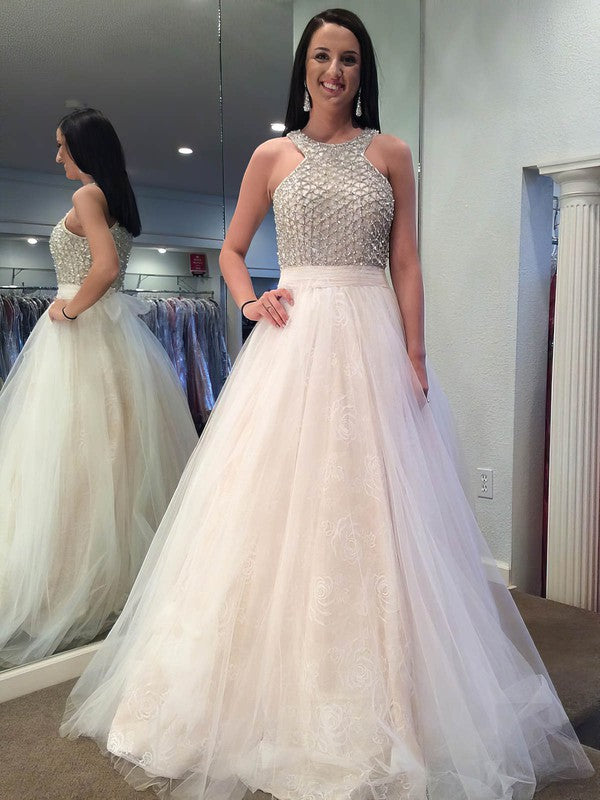 Elegant Ball Gown Scoop Neck Lace Tulle Floor-length Beading Prom Dress