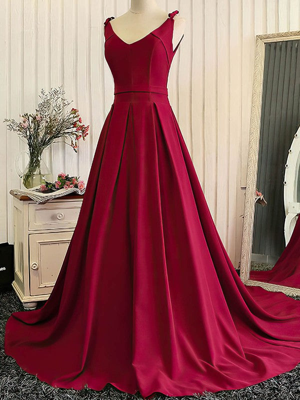 V-neck Ball Gown Satin Prom Dress with Sashes / Ribbons Sweep Train