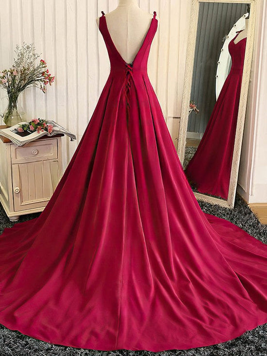 V-neck Ball Gown Satin Prom Dress with Sashes / Ribbons Sweep Train