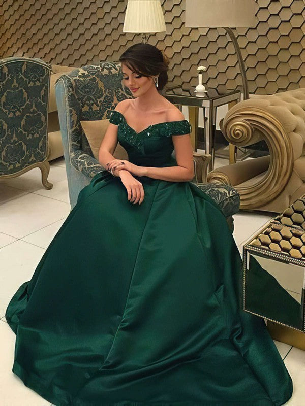 Elegant Off-the-shoulder Satin Ball Gown with Beading for Prom