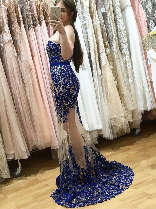 Trumpet/Mermaid Sweetheart Tulle Sweep Train Beading Prom Dress