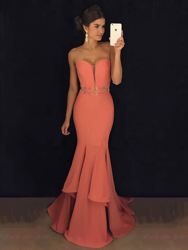 V-neck Silk-like Satin Trumpet/Mermaid Prom Dresses with Beading & Sweep Train